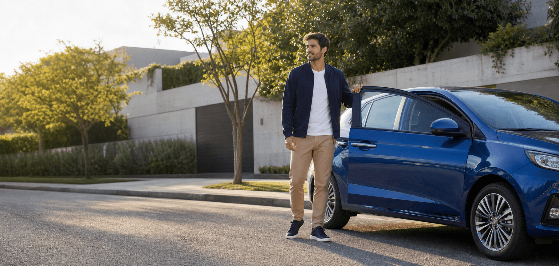 Homem ao lado de um carro azul em uma rua residencial