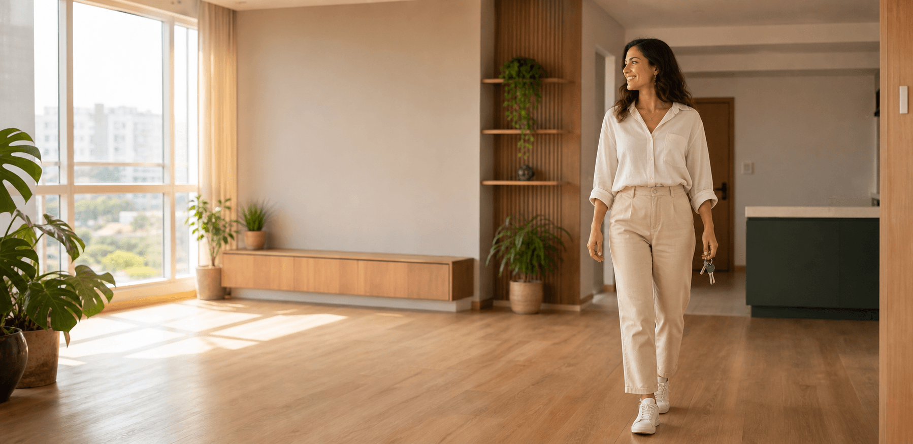 Mulher conhecendo o interior iluminado de um apartamento
