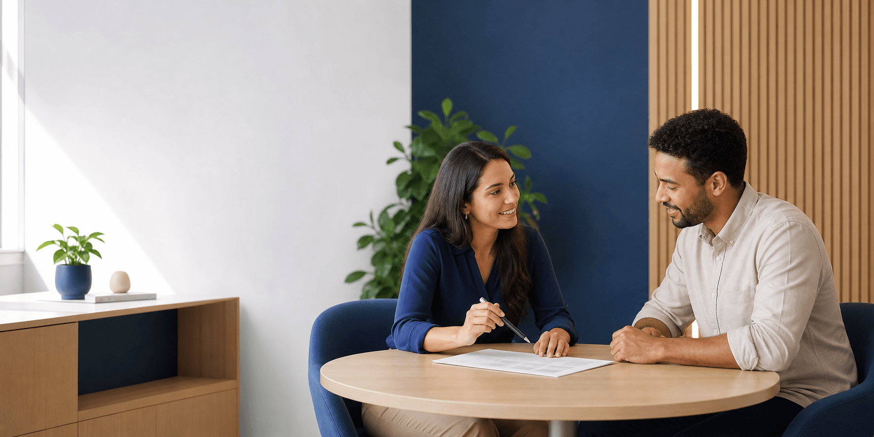 Consultora e cliente conversando sobre um plano de consórcio